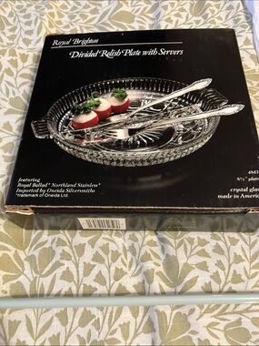 Brighton Clear Crystal Divided Relish Tray with Stainless Servers
